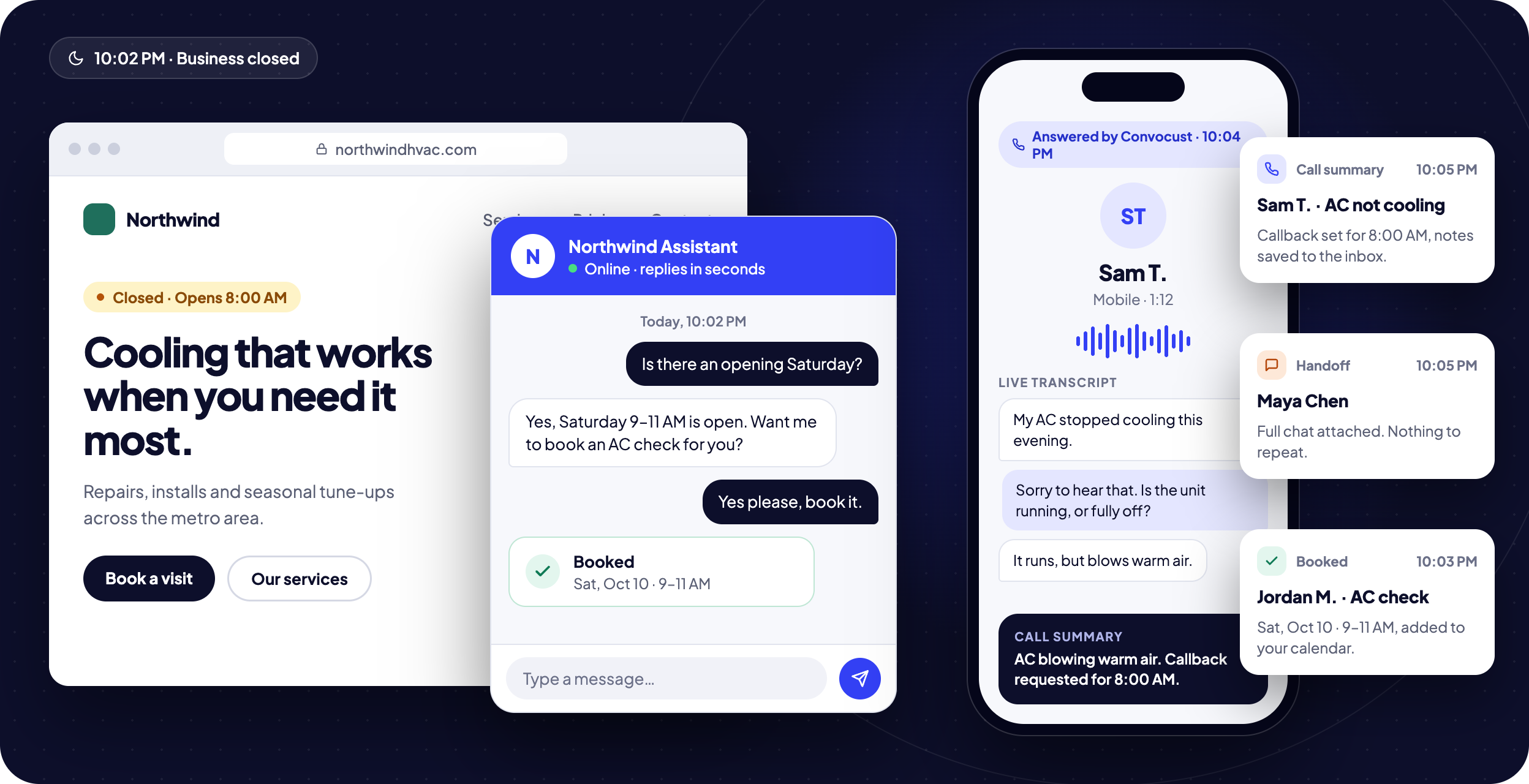 An after-hours customer chats with a Convocust assistant, books an appointment, and the team receives a saved call summary.